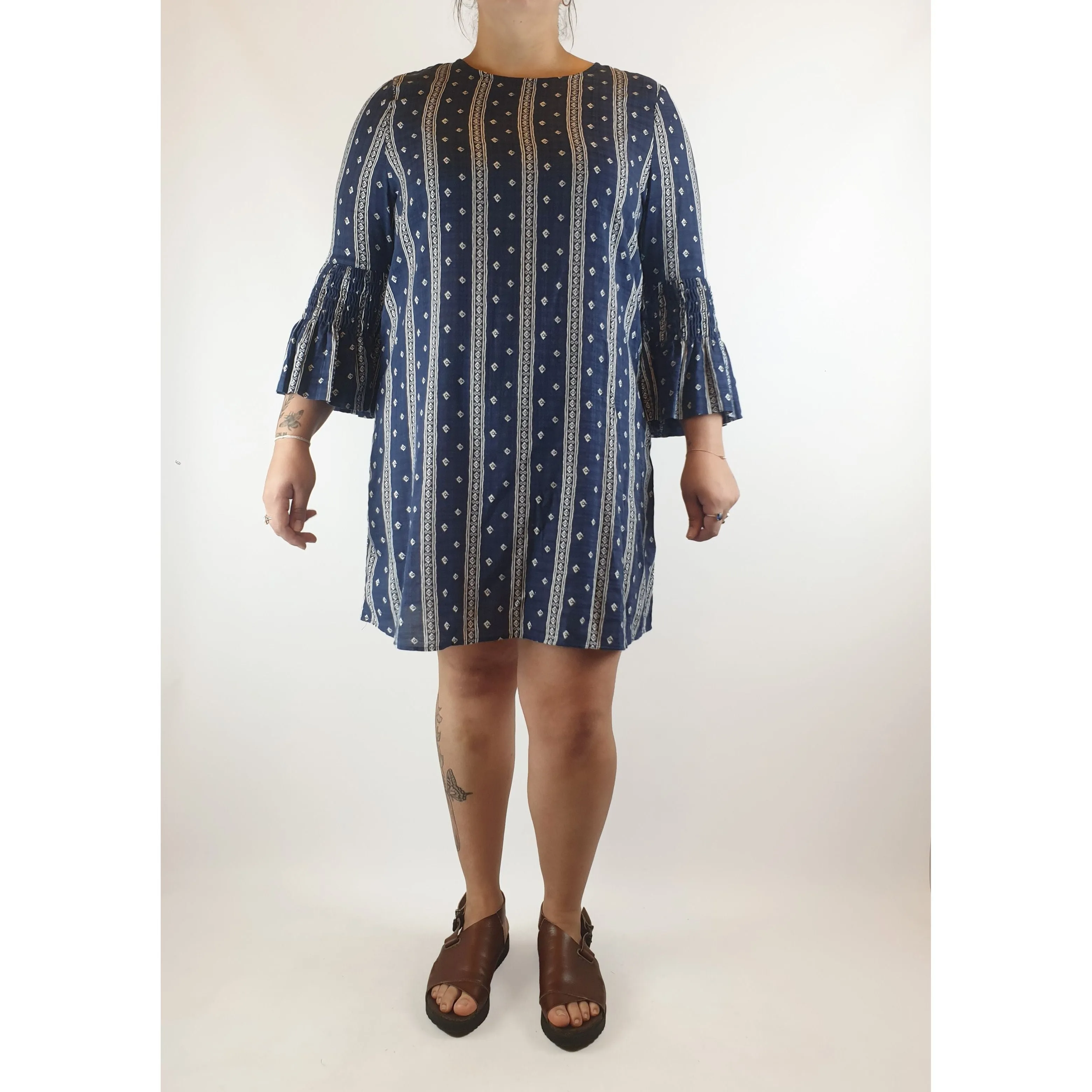 Boho Australia navy and white virtical striped dress with bell sleeves size L (Best fits 14)