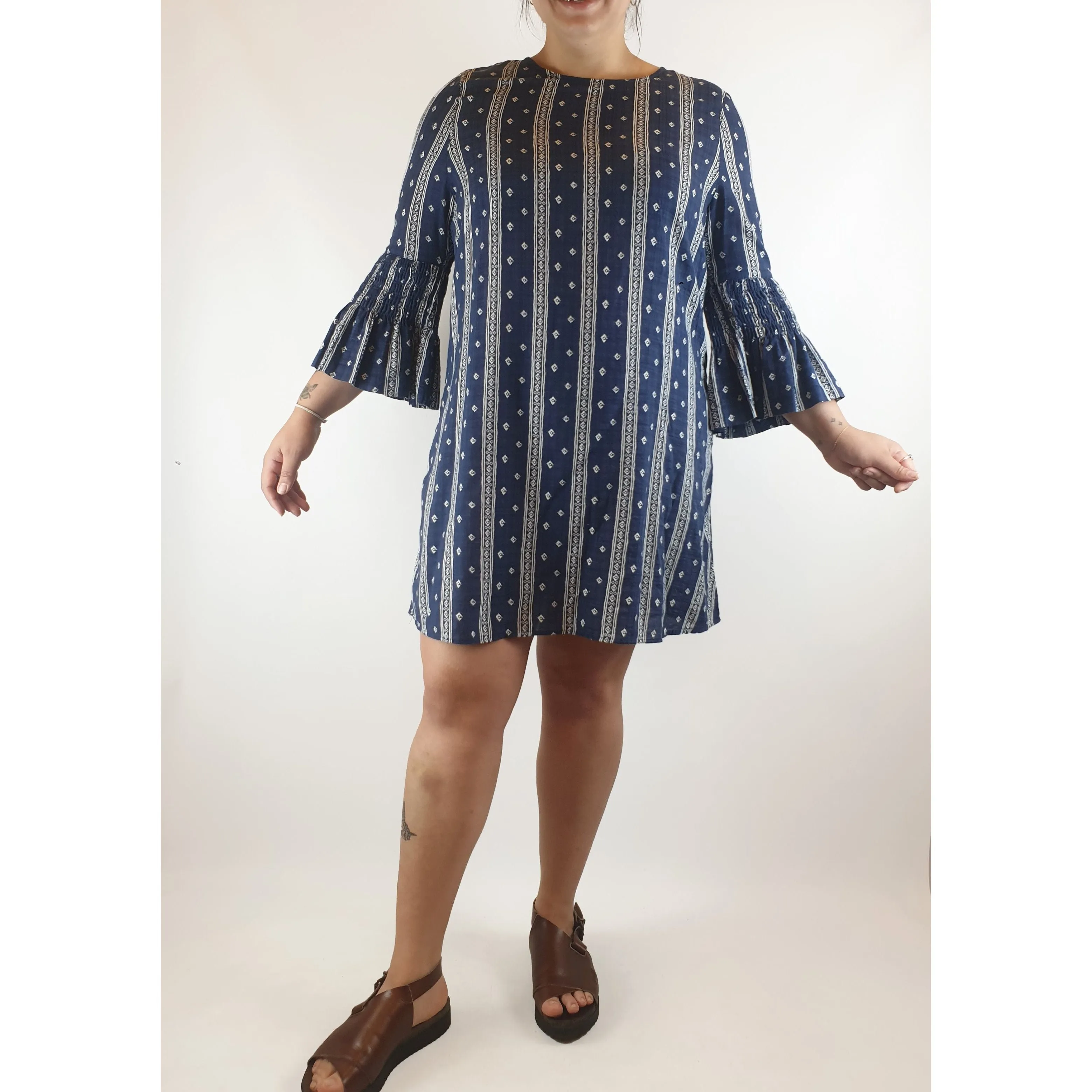 Boho Australia navy and white virtical striped dress with bell sleeves size L (Best fits 14)