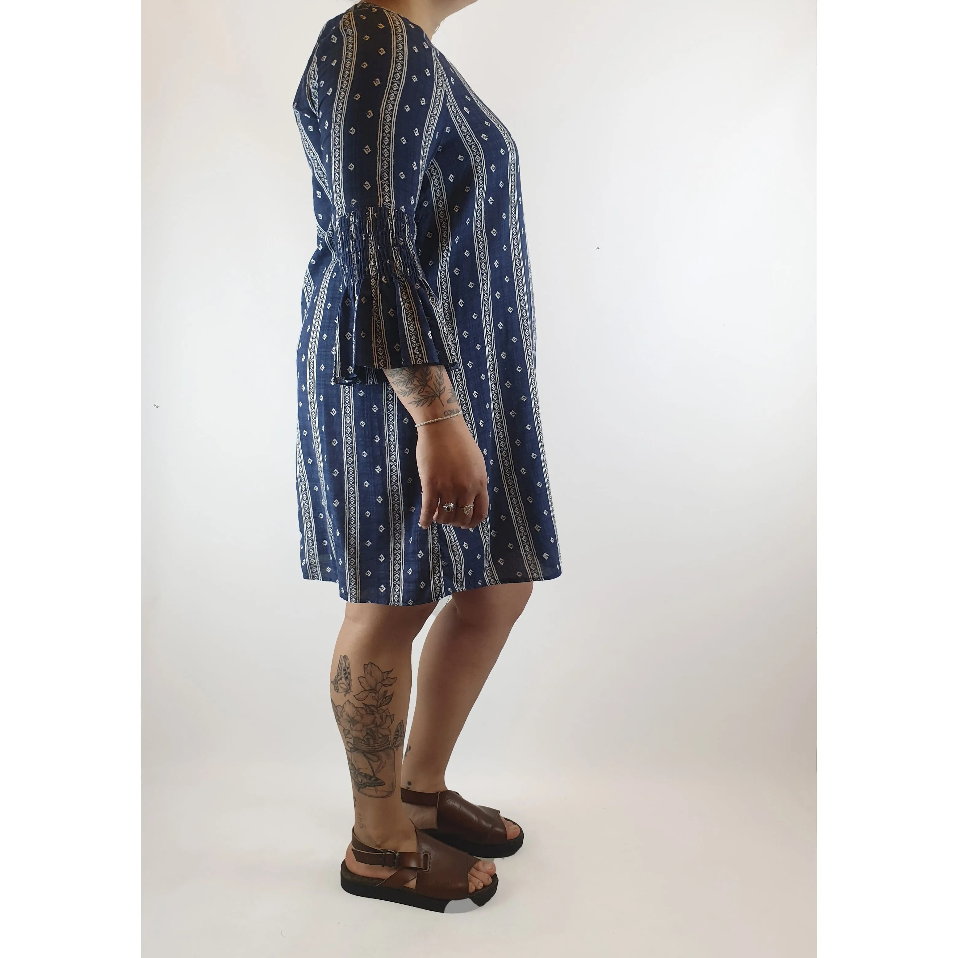 Boho Australia navy and white virtical striped dress with bell sleeves size L (Best fits 14)