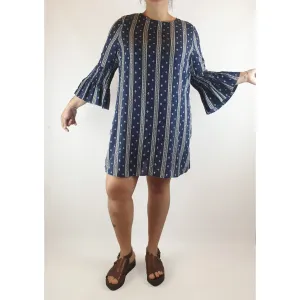 Boho Australia navy and white virtical striped dress with bell sleeves size L (Best fits 14)