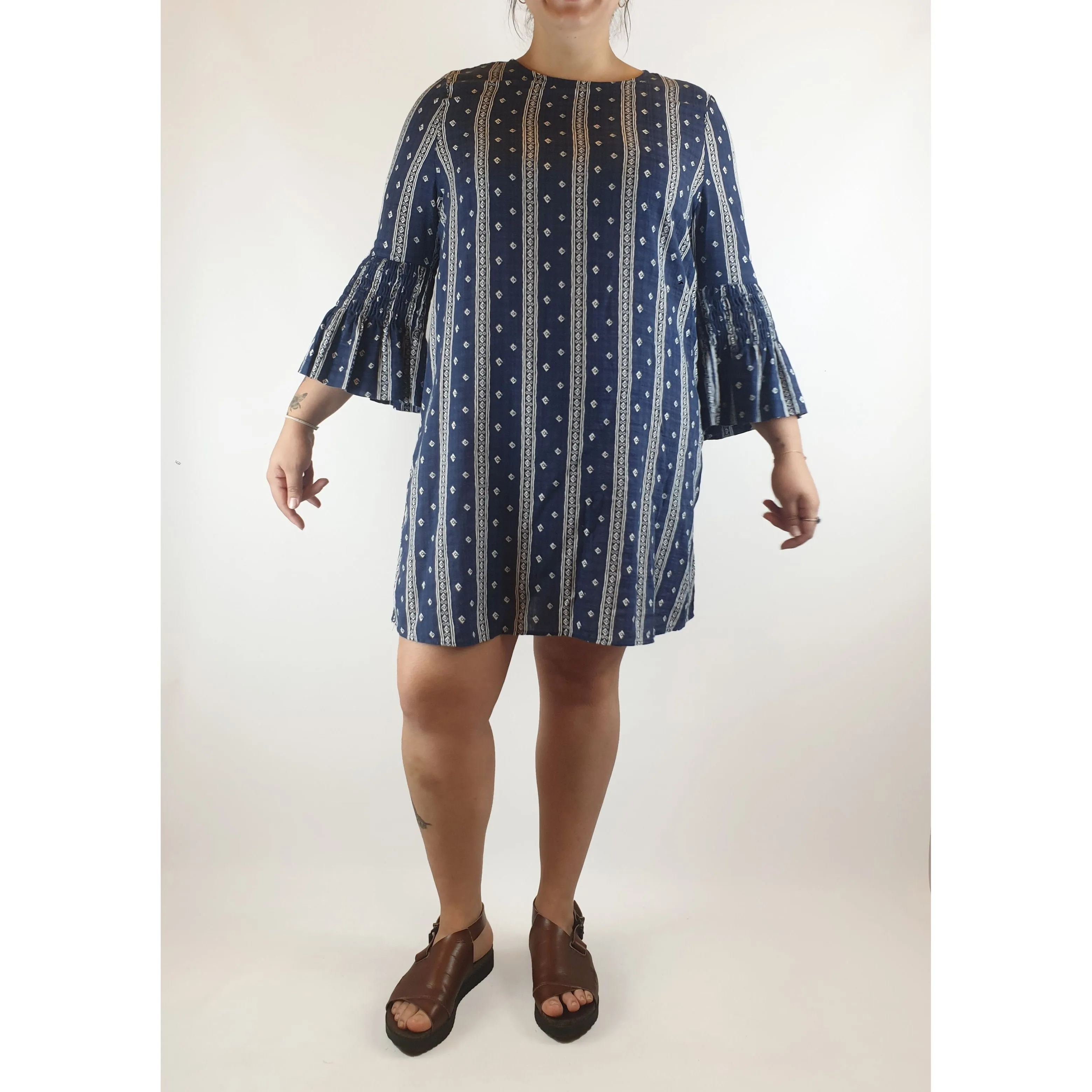 Boho Australia navy and white virtical striped dress with bell sleeves size L (Best fits 14)