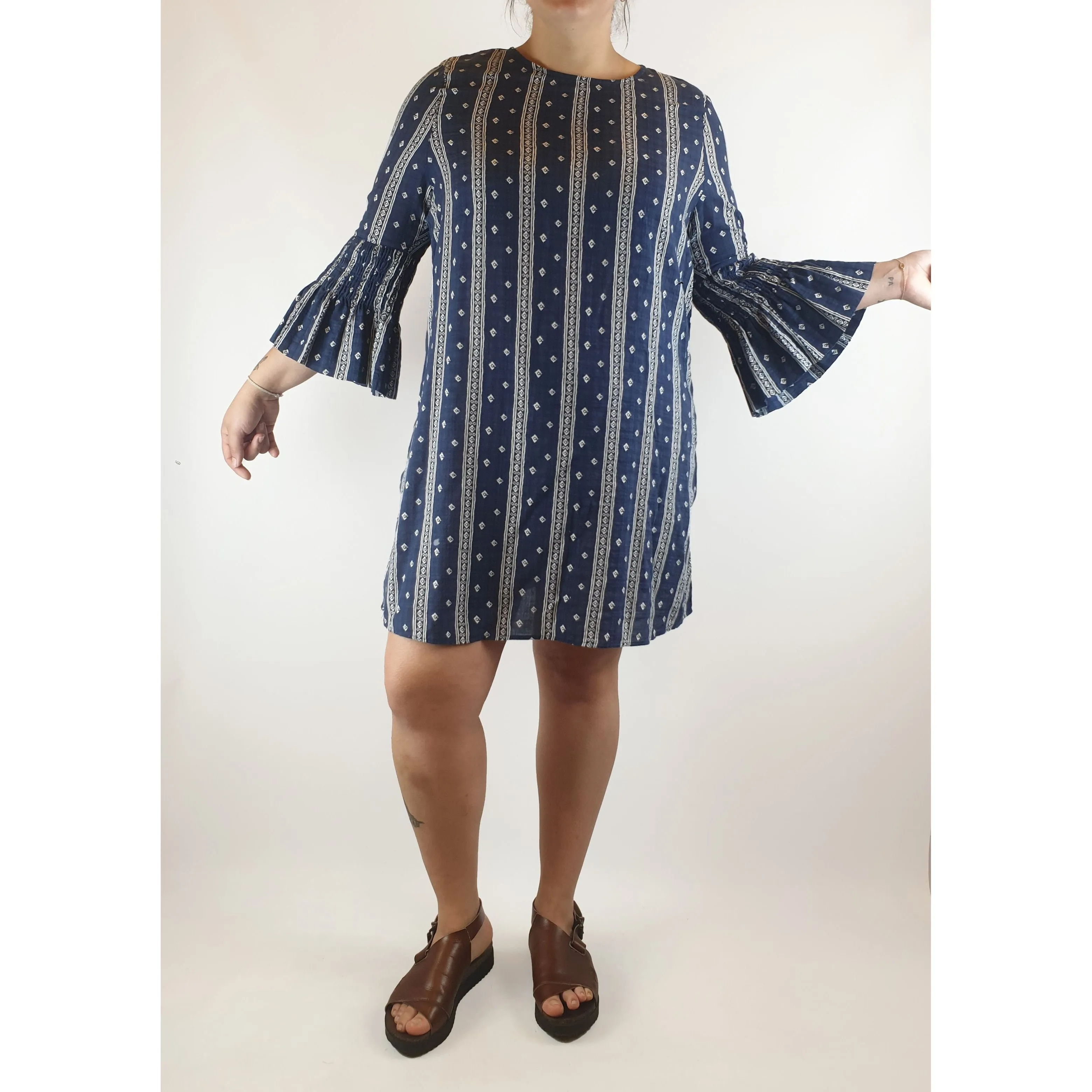 Boho Australia navy and white virtical striped dress with bell sleeves size L (Best fits 14)