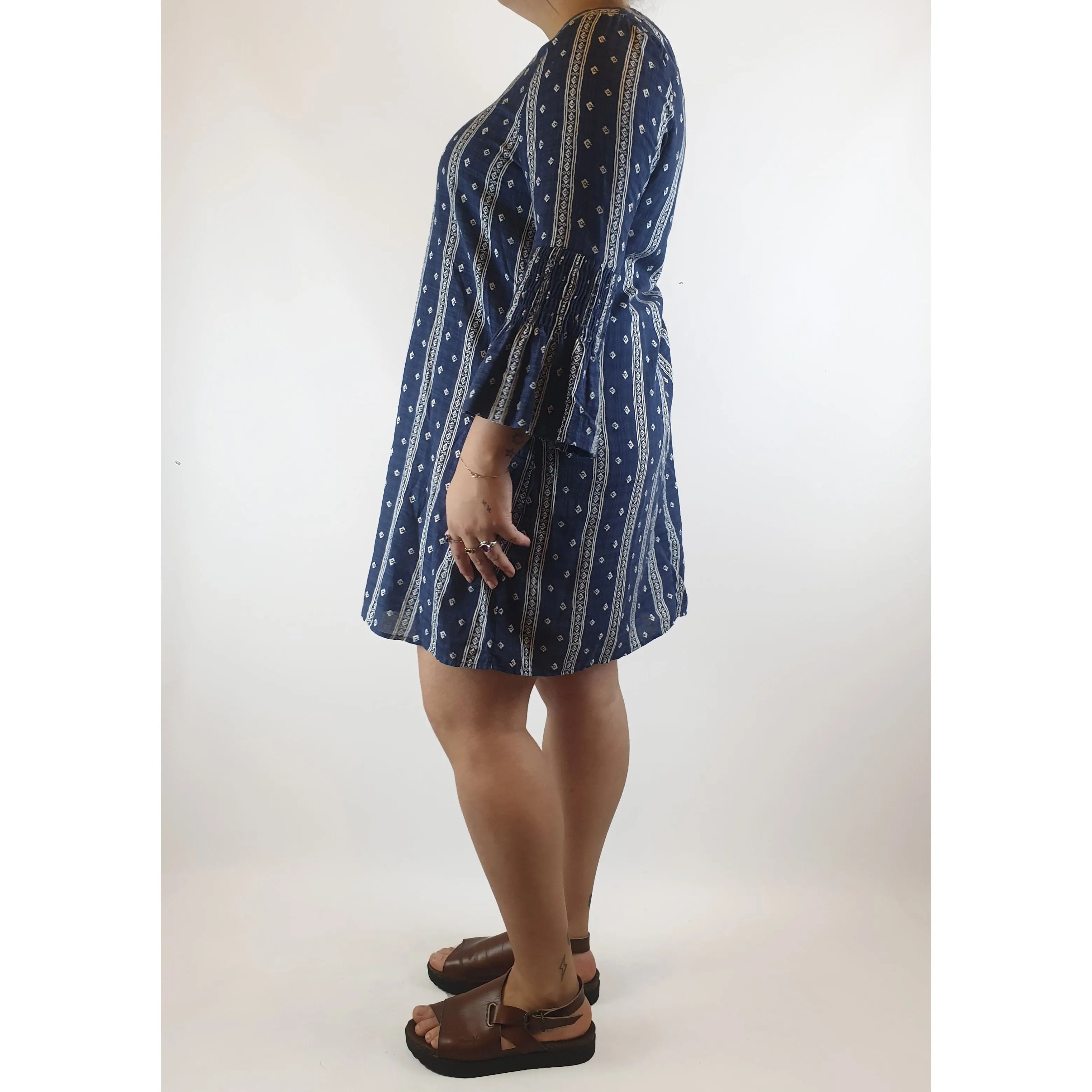 Boho Australia navy and white virtical striped dress with bell sleeves size L (Best fits 14)