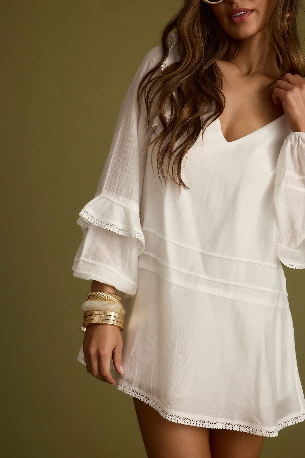 Bound White Long Sleeve Micro Tunic Dress