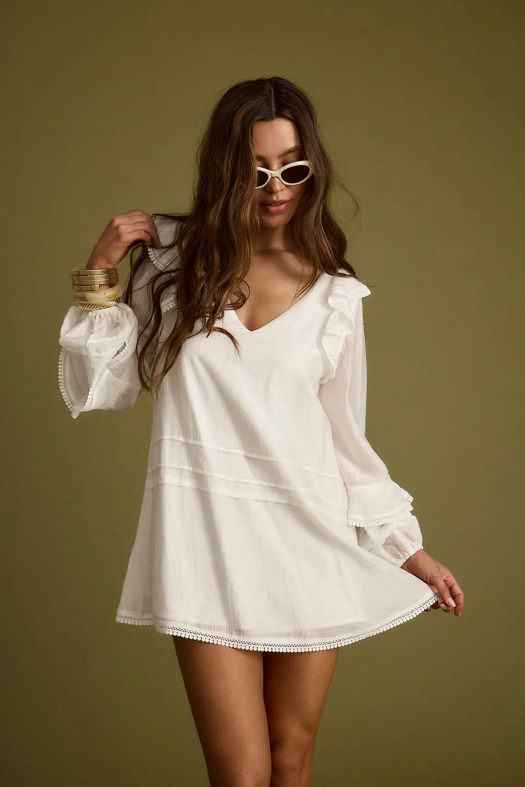 Bound White Long Sleeve Micro Tunic Dress