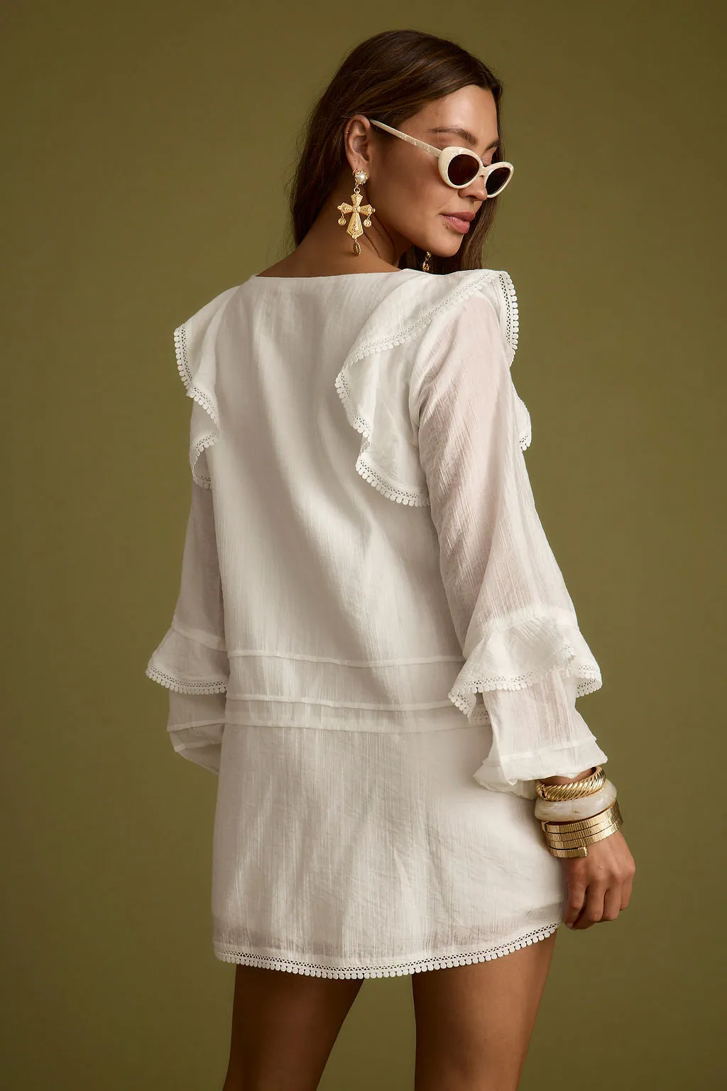 Bound White Long Sleeve Micro Tunic Dress