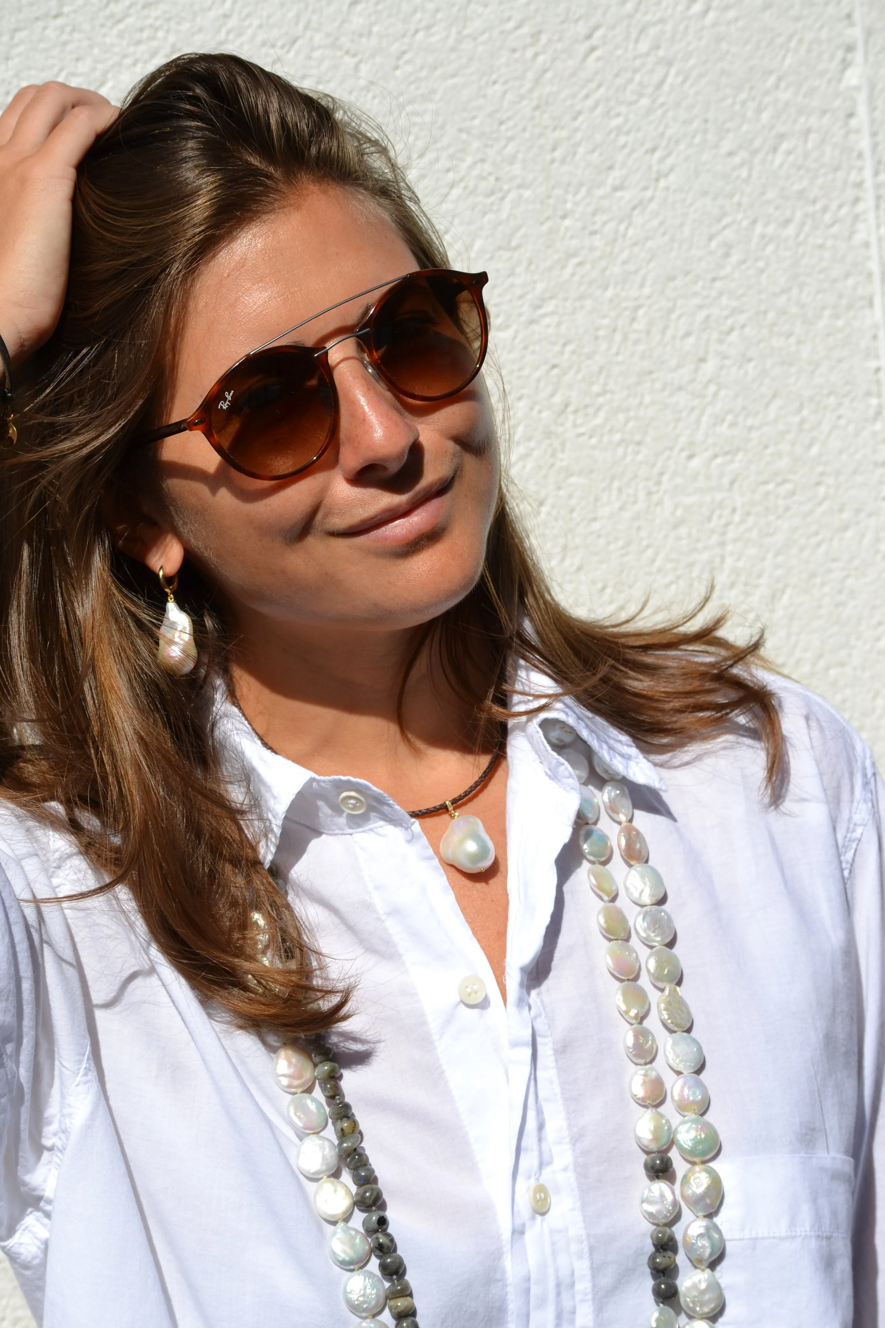 Braided Leather w/ Hanging Large Baroque Pearl Choker