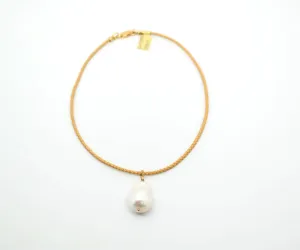 Braided Leather w/ Hanging Large Baroque Pearl Choker