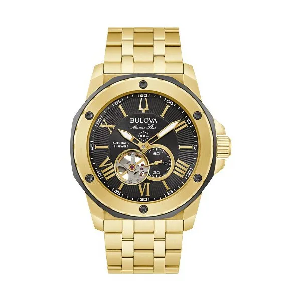 Bulova Marine Star Mens Automatic Gold Tone Black Dial Watch