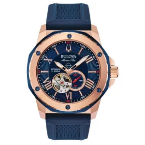 Bulova Marine Star Mens Automatic Rose Tone Blue Silicone Strap Watch