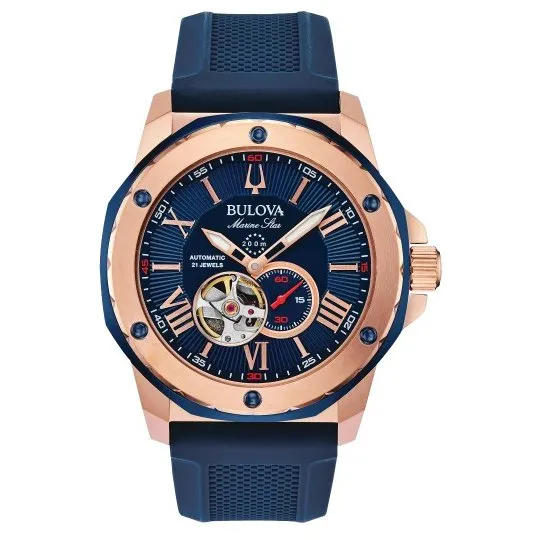 Bulova Marine Star Mens Automatic Rose Tone Blue Silicone Strap Watch