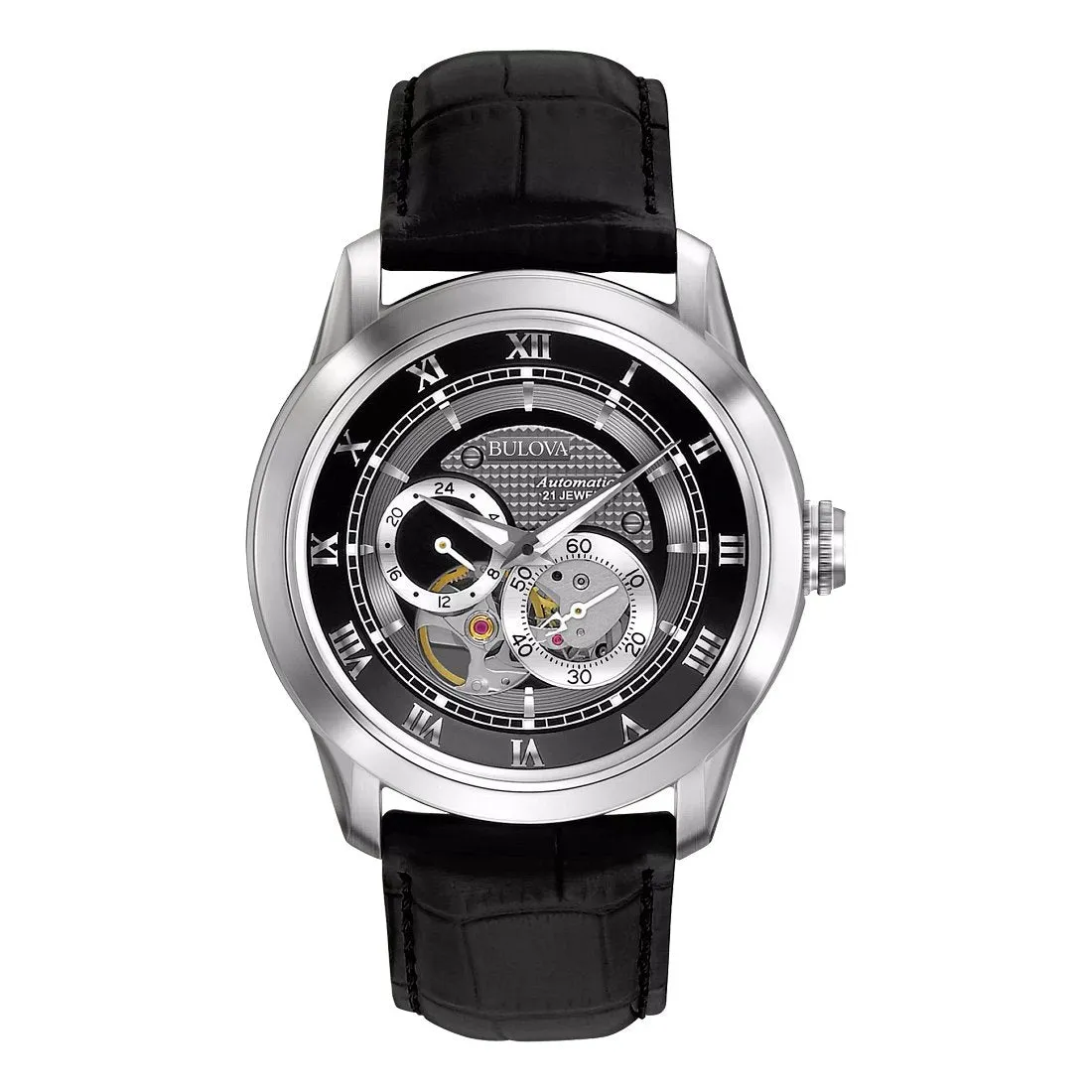 Bulova Sutton Classic Mens Automatic Stainless Steel Black Dial Black Leather Strap Watch