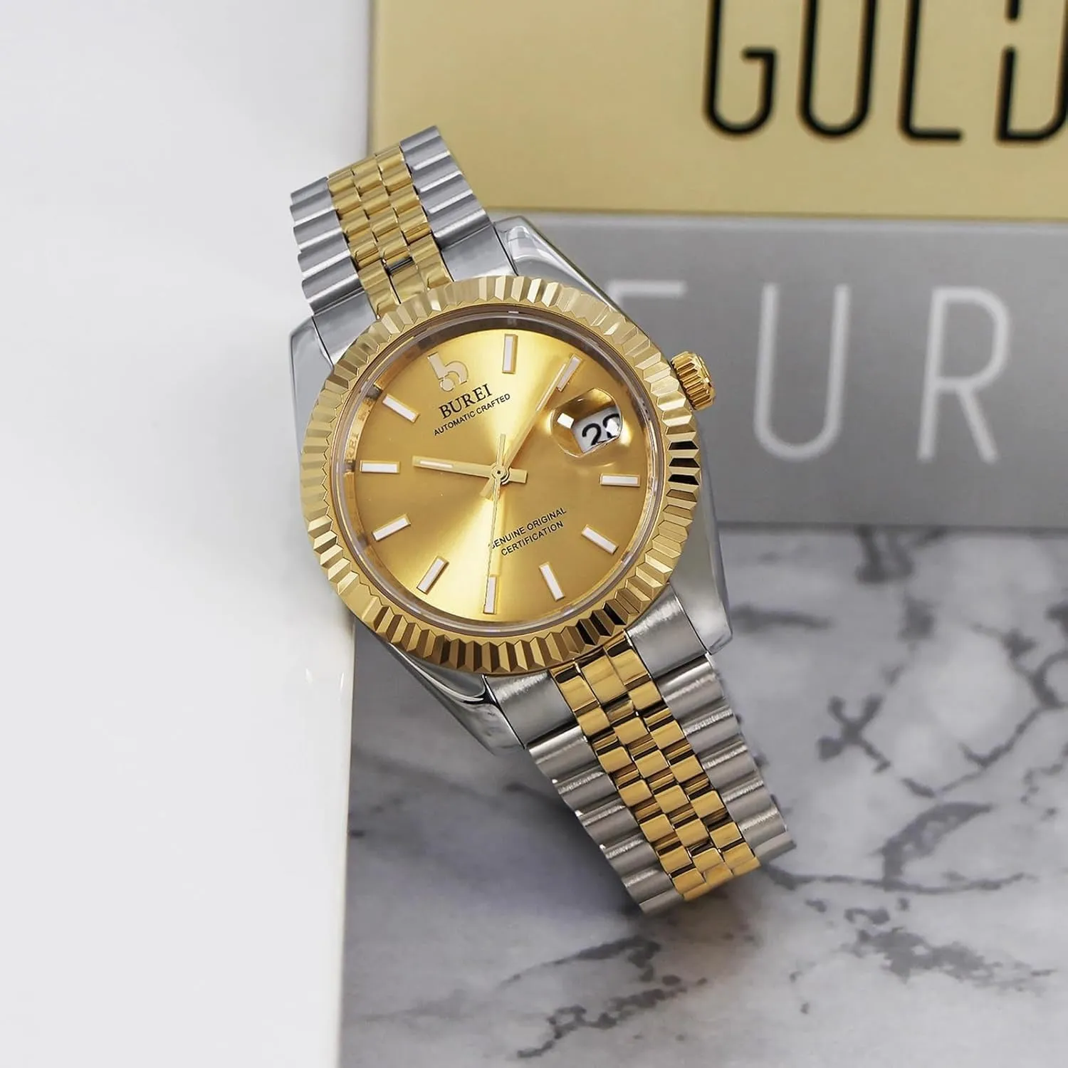 BUREI Men's Automatic Watch Analog Dial with Date Window Sapphire Crystal Stainless Steel Band and Case