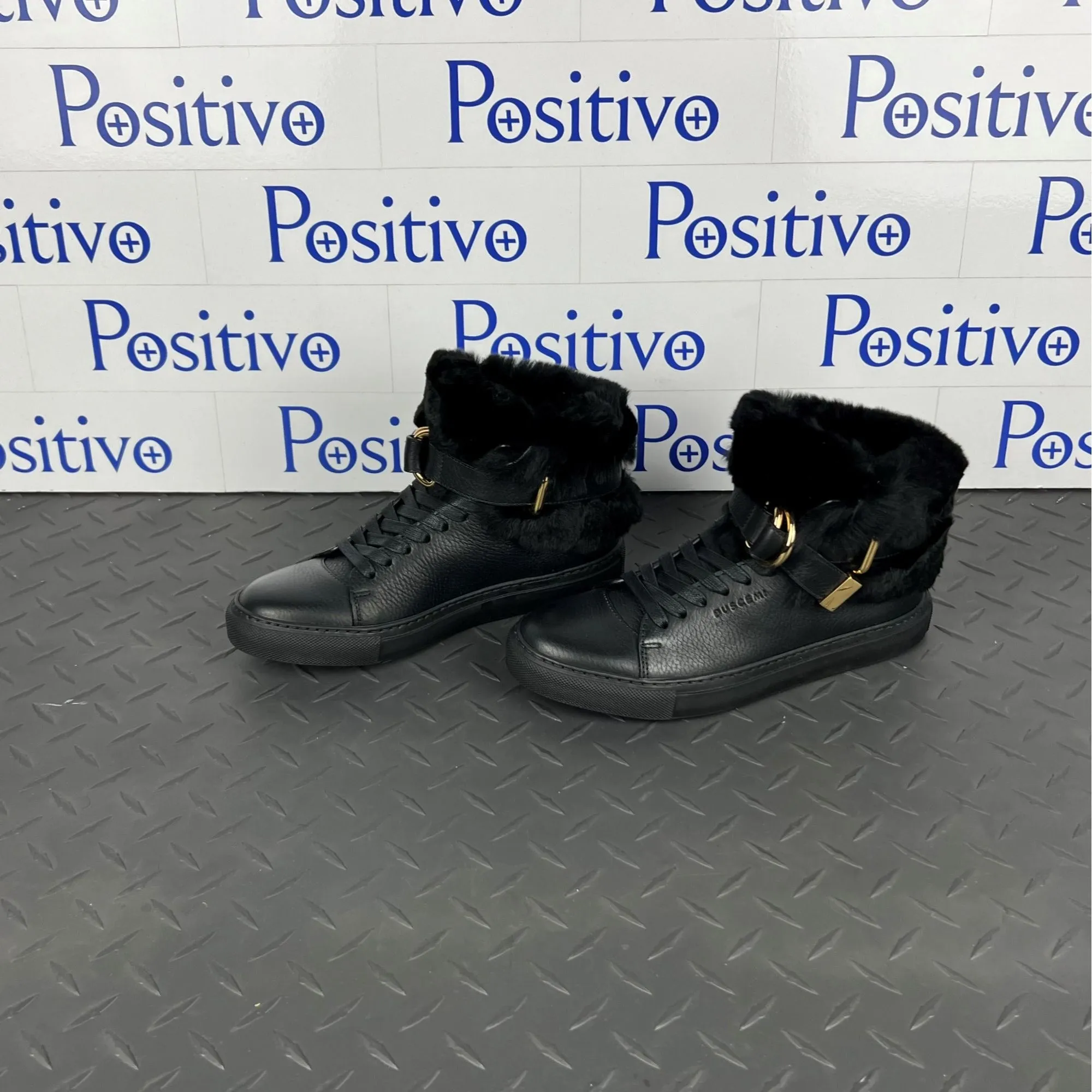 Buscemi Women's 100MM Rabbit Black Leather/Fur Sneakers