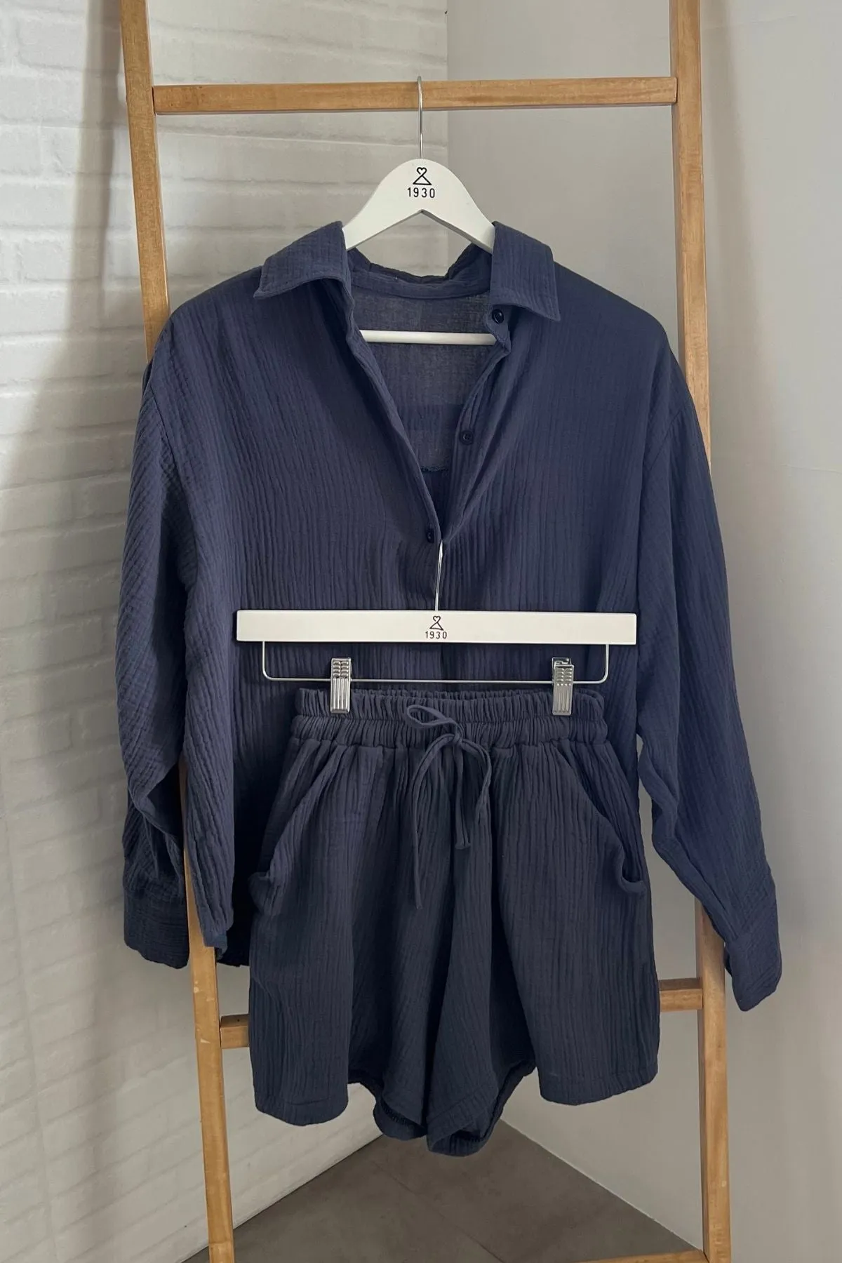 CADENCE Long-Sleeve Button-down Top & Shorts Co-ord (Dusty Navy)