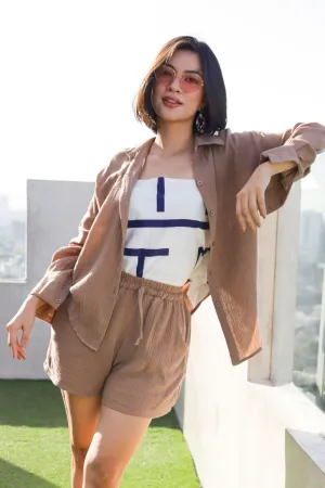 CADENCE Long-Sleeve Button-down Top & Shorts Co-ord (Mocha)
