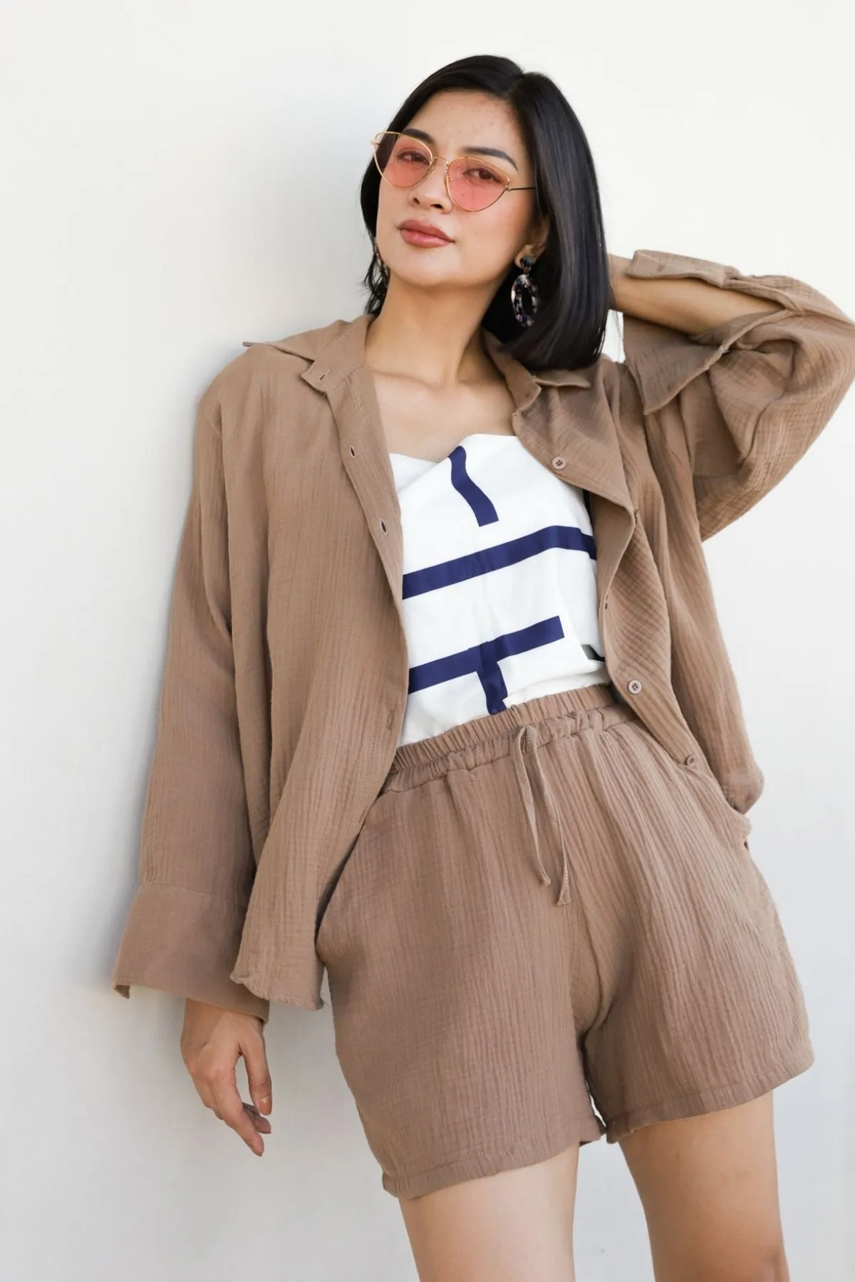 CADENCE Long-Sleeve Button-down Top & Shorts Co-ord (Mocha)