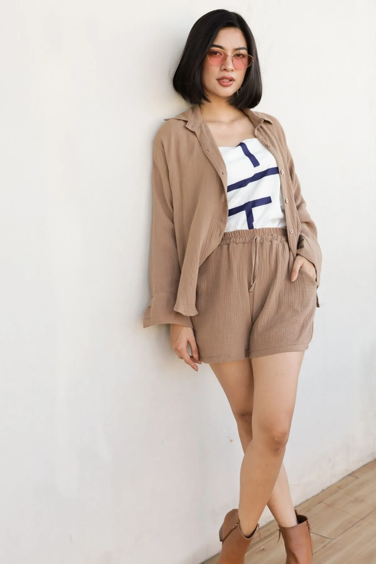 CADENCE Long-Sleeve Button-down Top & Shorts Co-ord (Mocha)