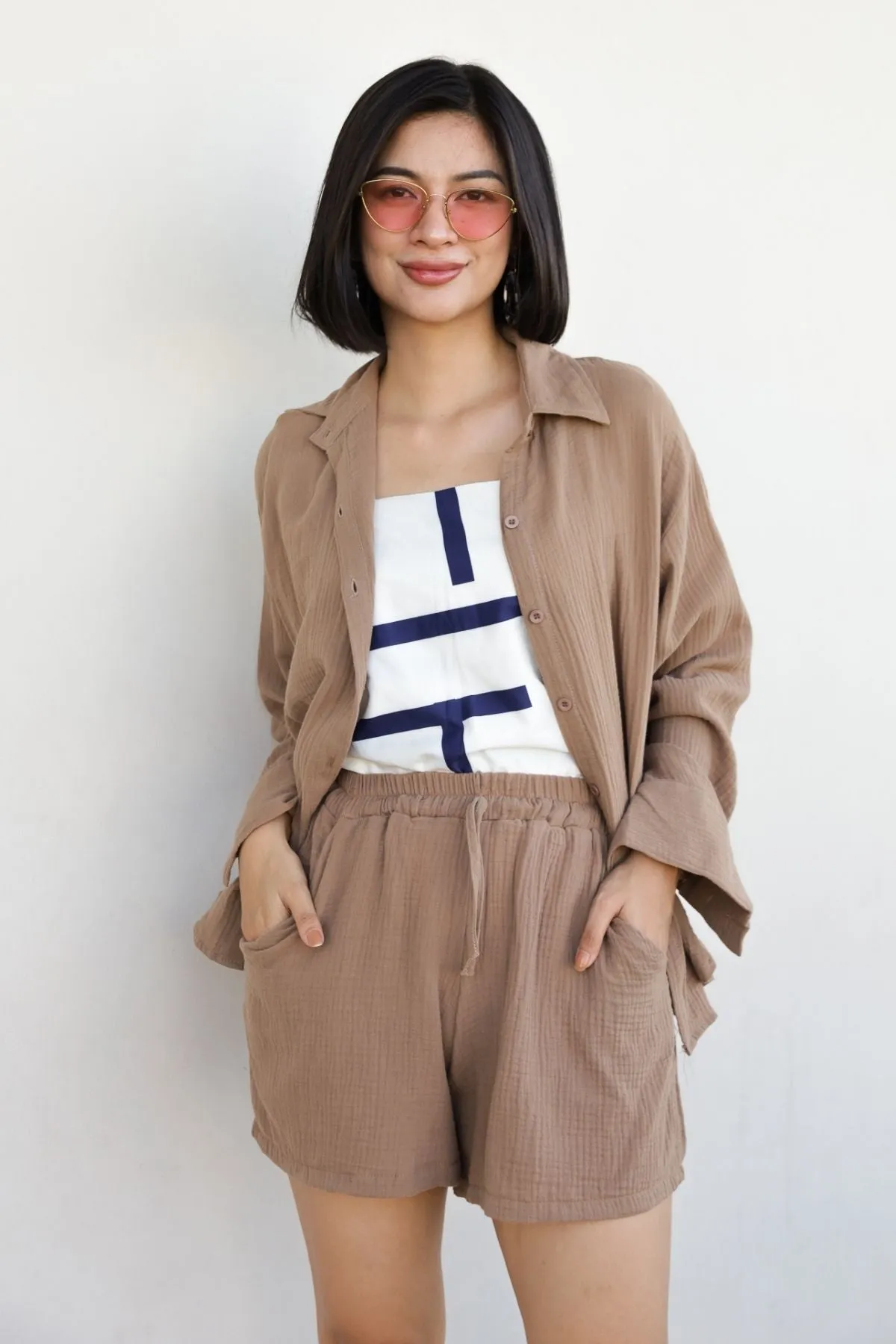 CADENCE Long-Sleeve Button-down Top & Shorts Co-ord (Mocha)