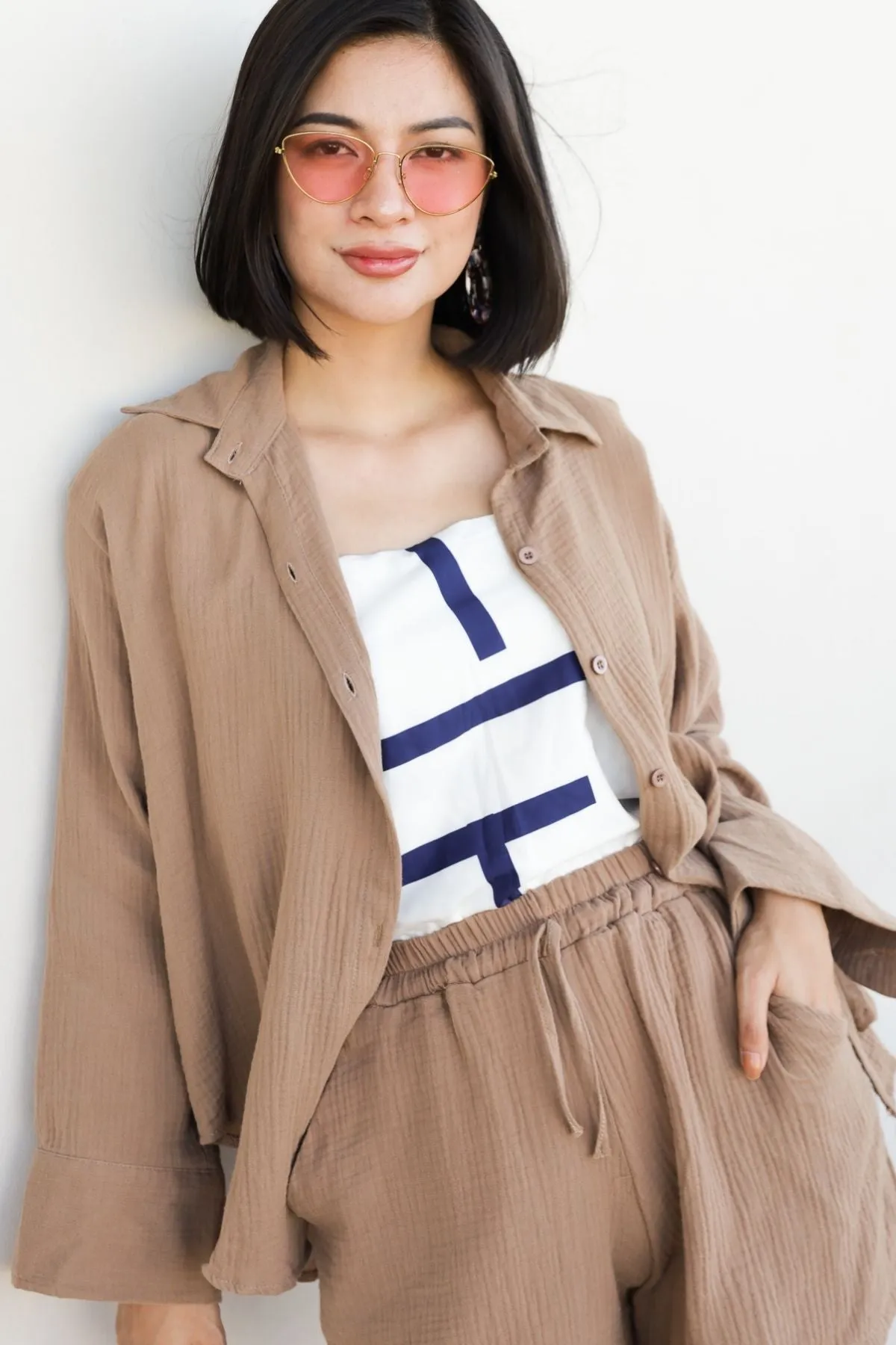 CADENCE Long-Sleeve Button-down Top & Shorts Co-ord (Mocha)