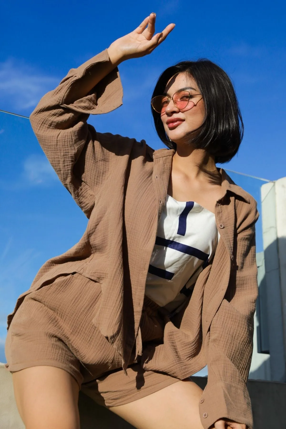 CADENCE Long-Sleeve Button-down Top & Shorts Co-ord (Mocha)