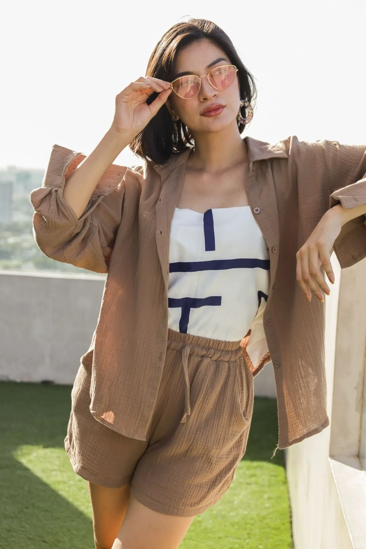 CADENCE Long-Sleeve Button-down Top & Shorts Co-ord (Mocha)