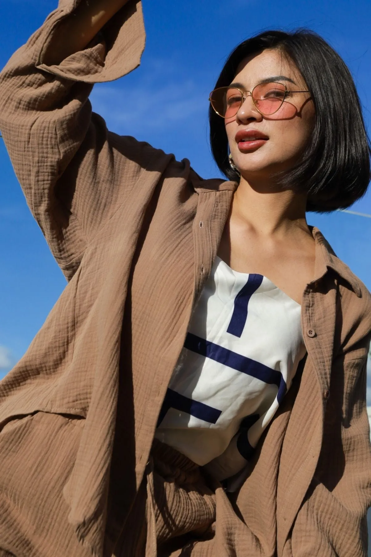 CADENCE Long-Sleeve Button-down Top & Shorts Co-ord (Mocha)