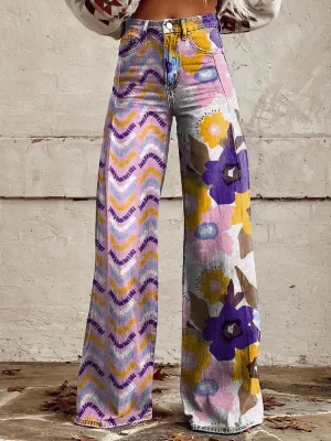 Caitlin - Colorful Flower Geometric Pattern Pants