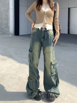 Cargo Jeans American Style Street Style Baggy Cargo Pants for Women Multi-pocket Wide Leg Denims