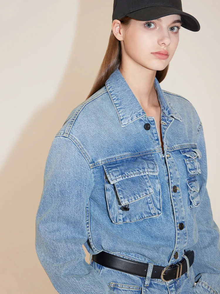 Cargo Style Denim Jumpsuit