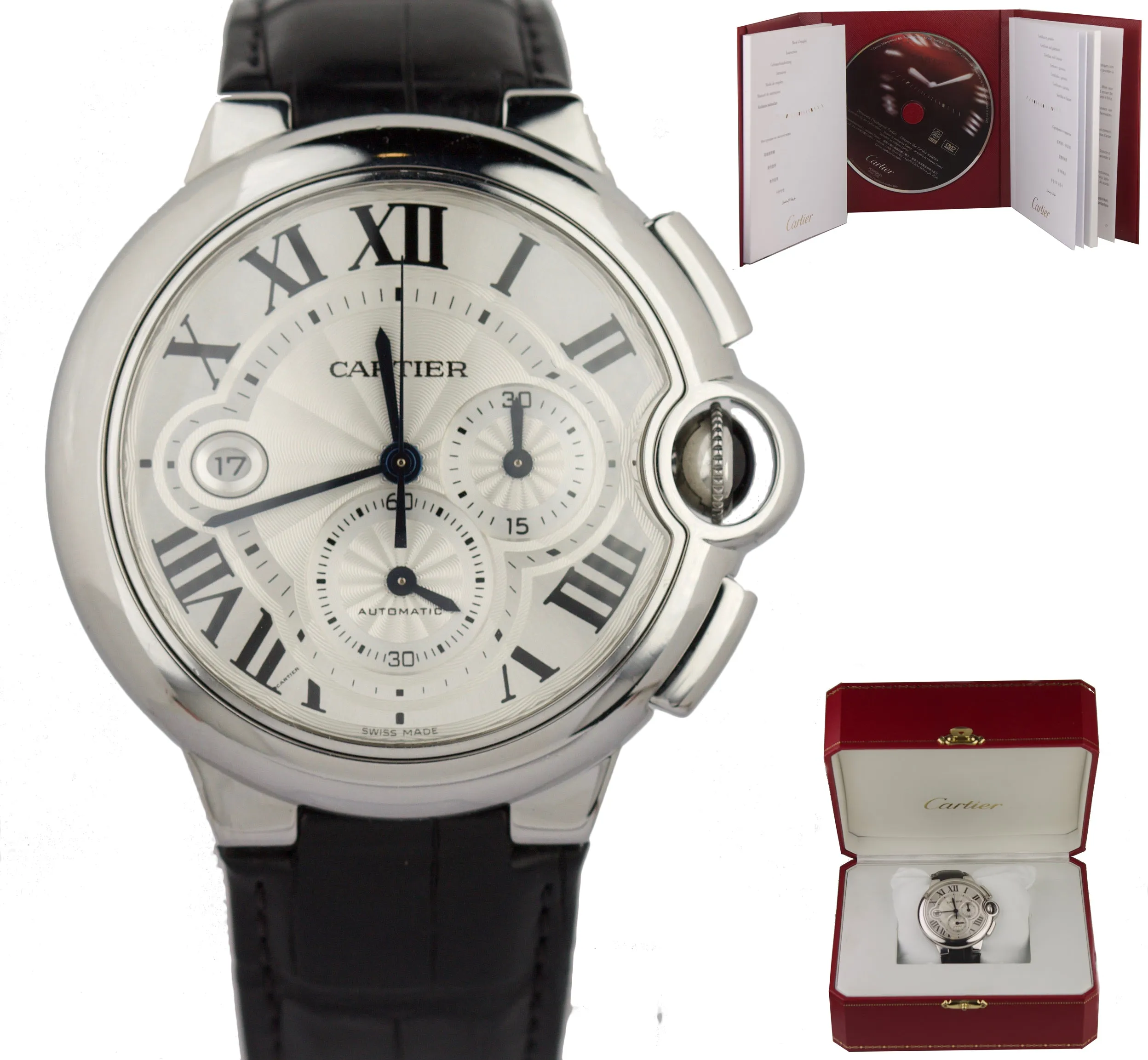 Cartier Ballon Bleu Chronograph 44mm Silver Roman Numeral Automatic 3109 Watch