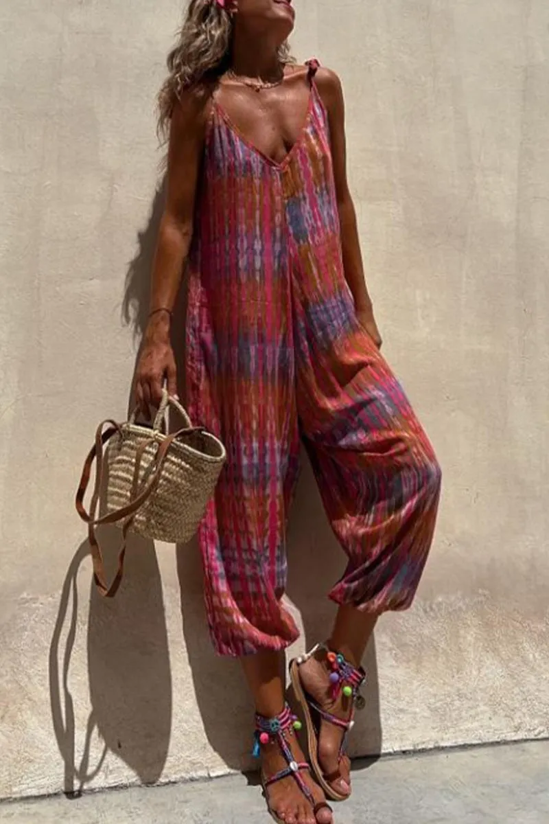 Casual College Print Pocket V Neck Loose Jumpsuits