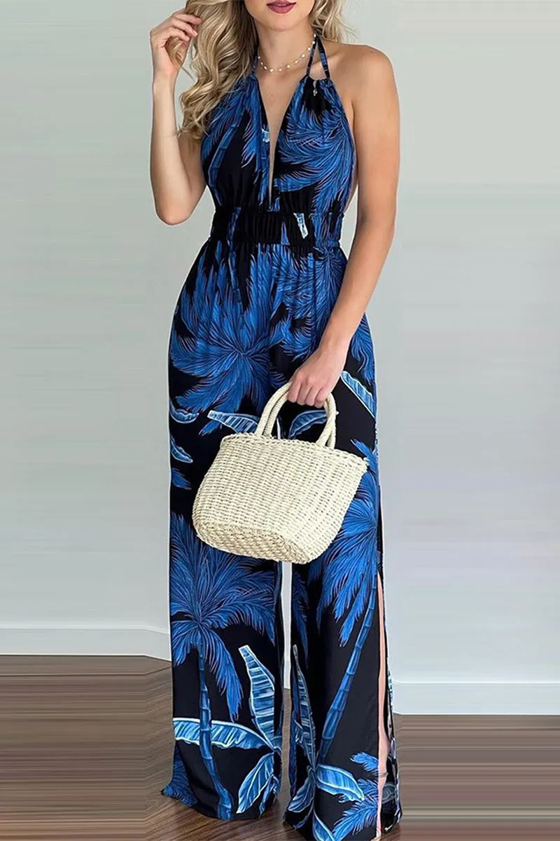 Casual Simplicity Print Spaghetti Strap Loose Jumpsuits