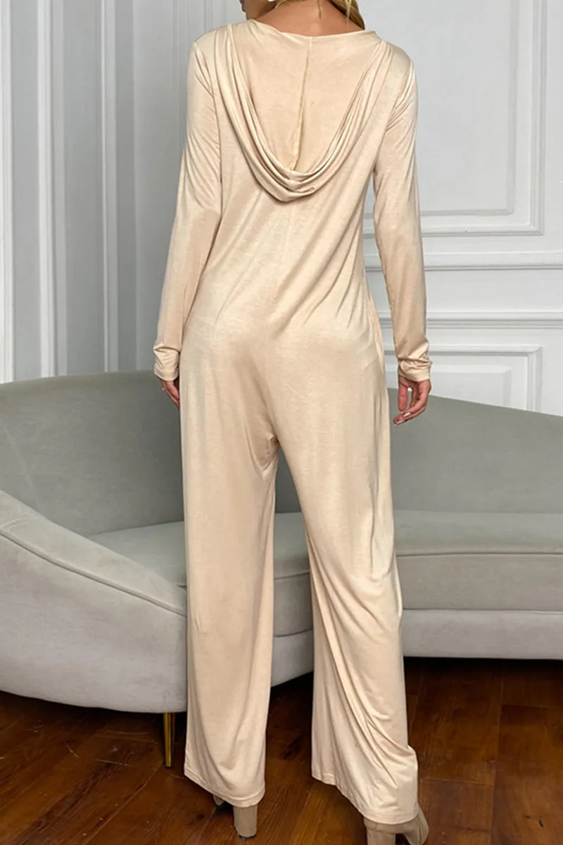 Casual Solid Patchwork Hooded Collar Straight Jumpsuits