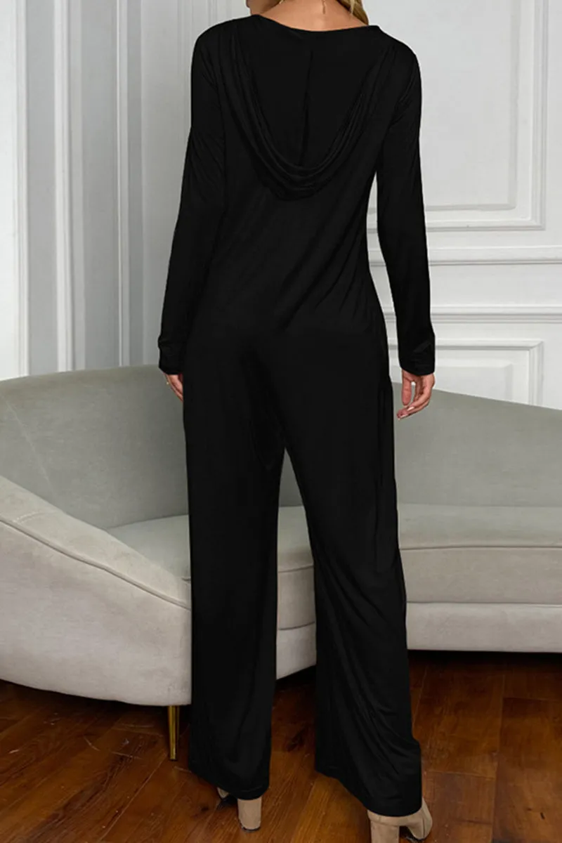Casual Solid Patchwork Hooded Collar Straight Jumpsuits