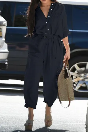 Casual Solid V Neck Harlan Jumpsuits(3 Colors)