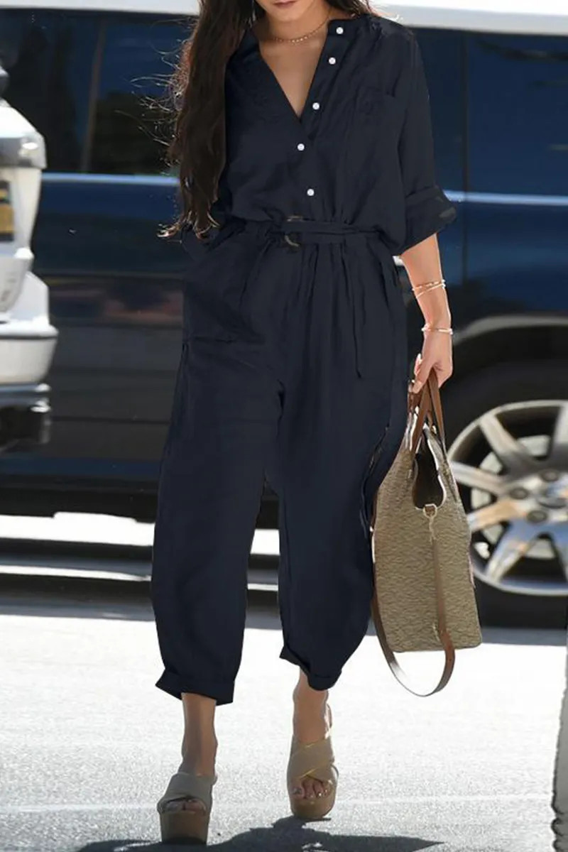 Casual Solid V Neck Harlan Jumpsuits(3 Colors)