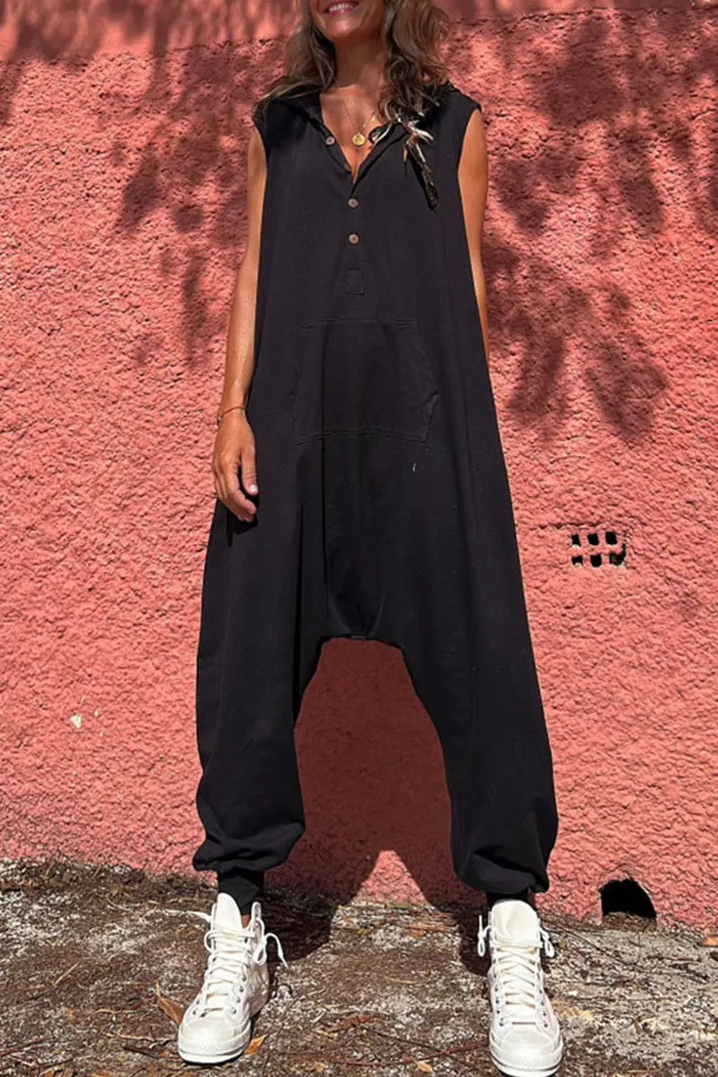 Casual Sportswear Solid Pocket Hooded Collar Loose Jumpsuits(3 Colors)