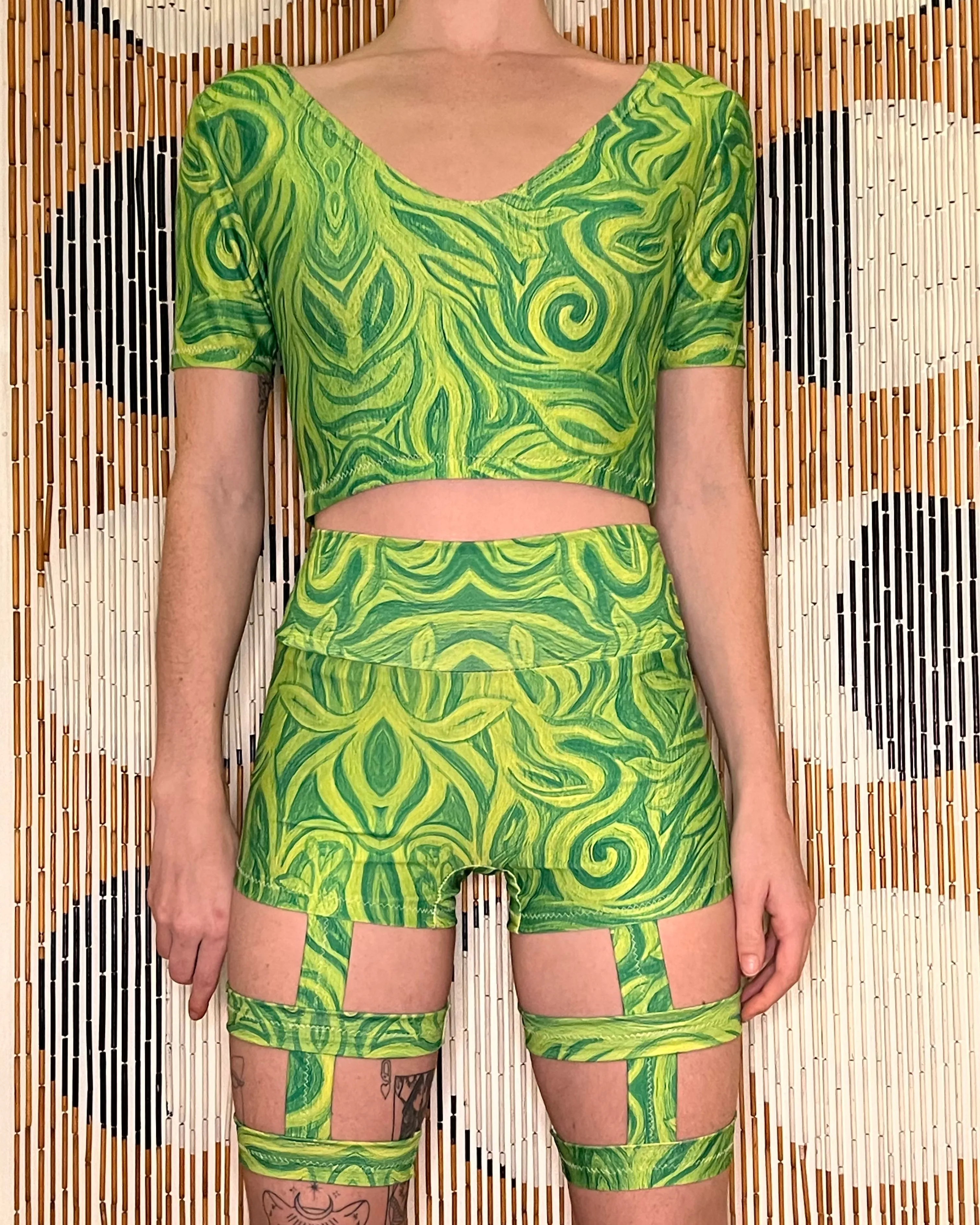 Choose A Design: Short Sleeve/Mini Shorts/Garters Outfit [3 Piece Set, 3 Pockets] (Custom Handmade Order)