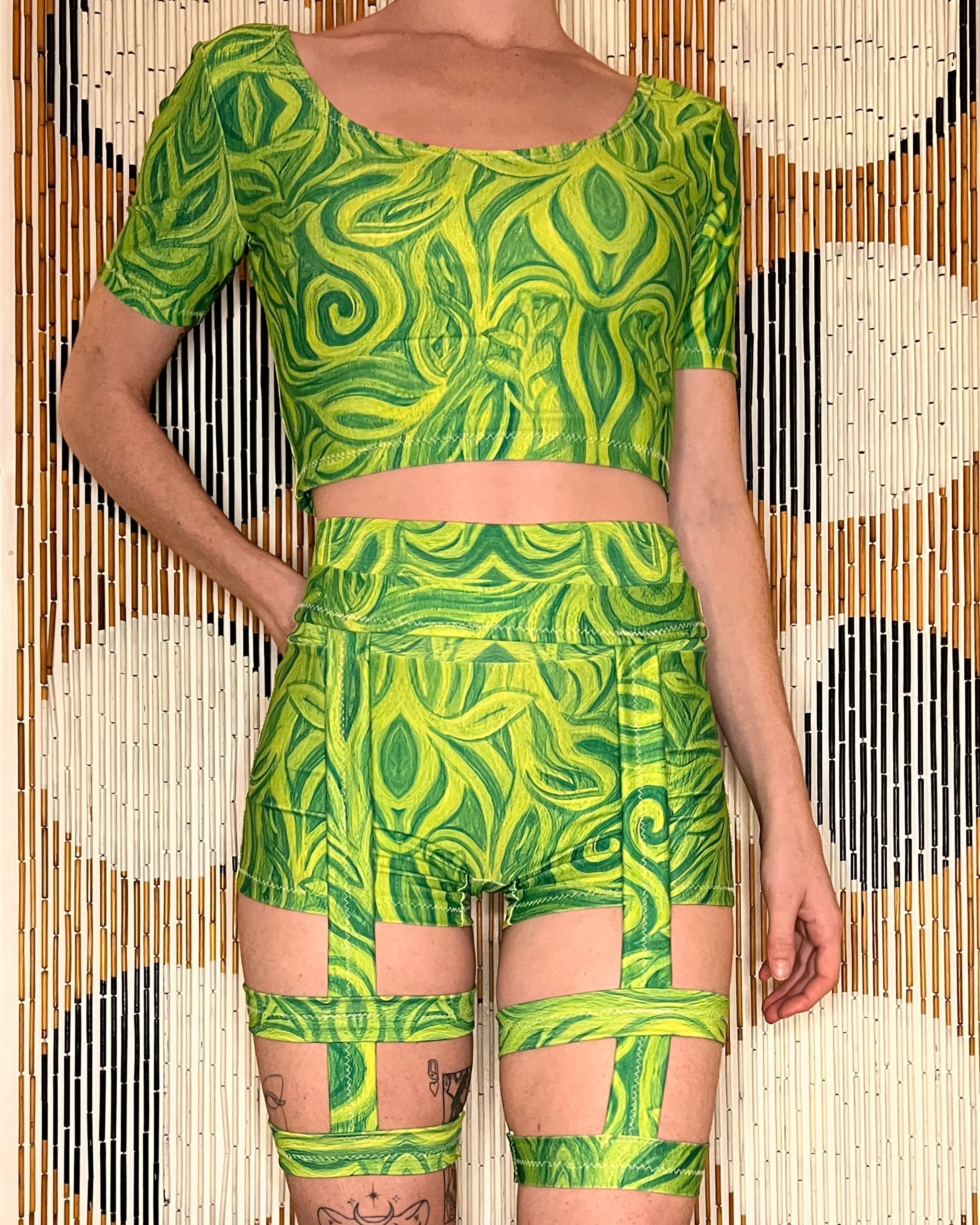 Choose A Design: Short Sleeve/Mini Shorts/Garters Outfit [3 Piece Set, 3 Pockets] (Custom Handmade Order)