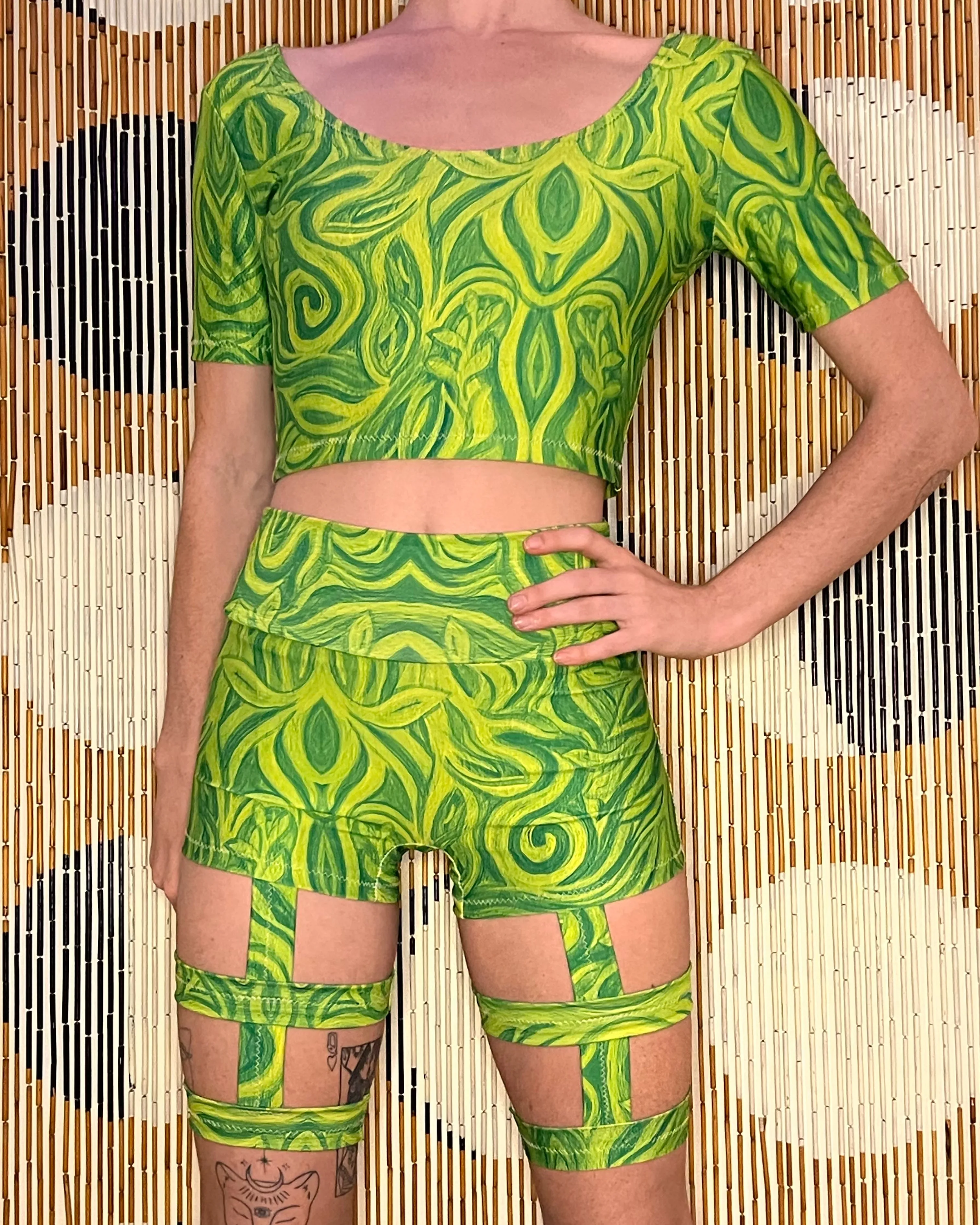 Choose A Design: Short Sleeve/Mini Shorts/Garters Outfit [3 Piece Set, 3 Pockets] (Custom Handmade Order)