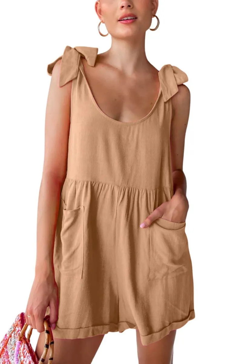 Chouyatou Women's Wide leg Romper Shorts Sexy Tie Knot Strap Sleeveless Boho Jumpsuit Overall Pants