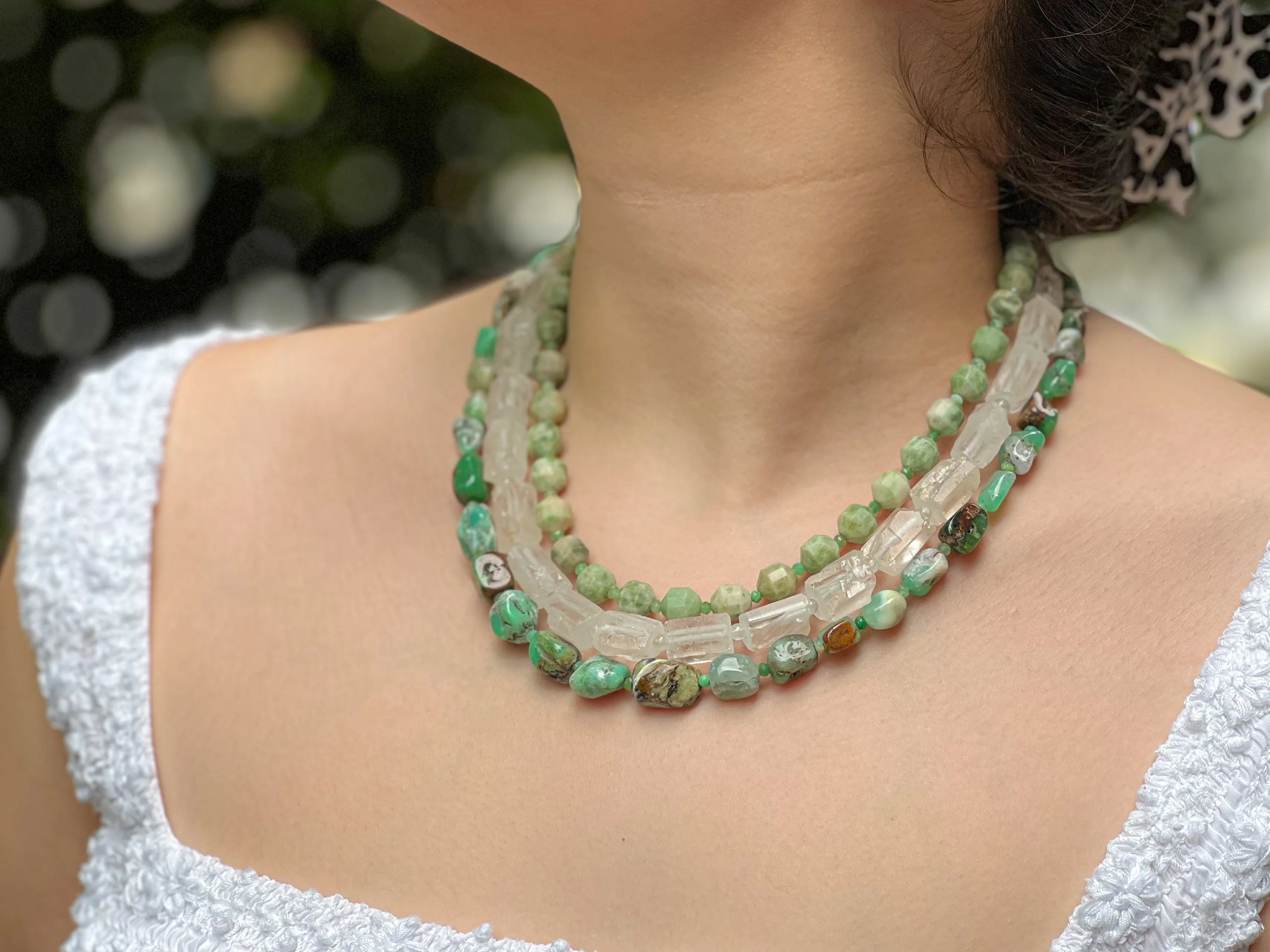 Chrysoprase, Rock Crystal and Natural Jade Necklace