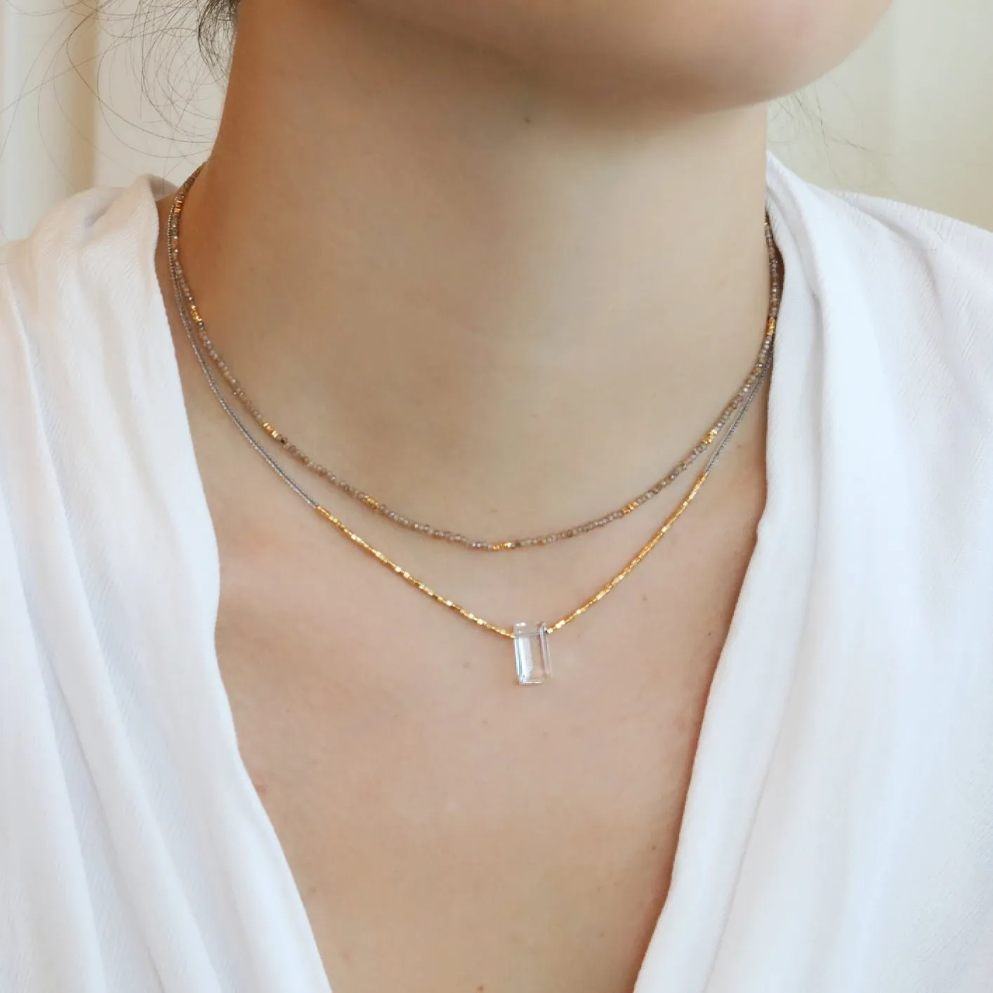 Clear Seed Bead & Gold Vermeil Beaded Necklace with Rectangular Clear Quartz Drop