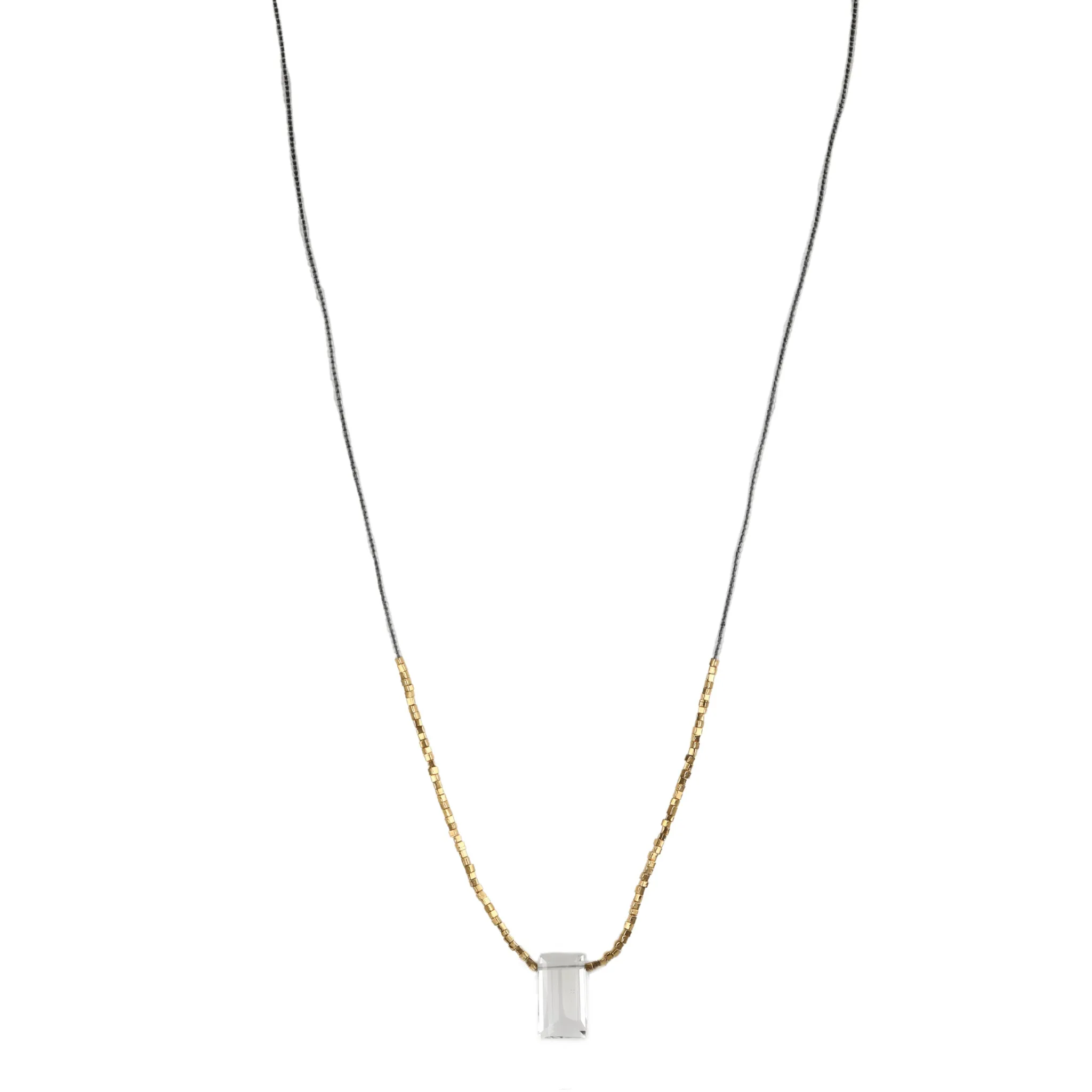 Clear Seed Bead & Gold Vermeil Beaded Necklace with Rectangular Clear Quartz Drop