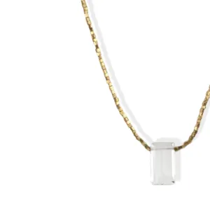 Clear Seed Bead & Gold Vermeil Beaded Necklace with Rectangular Clear Quartz Drop