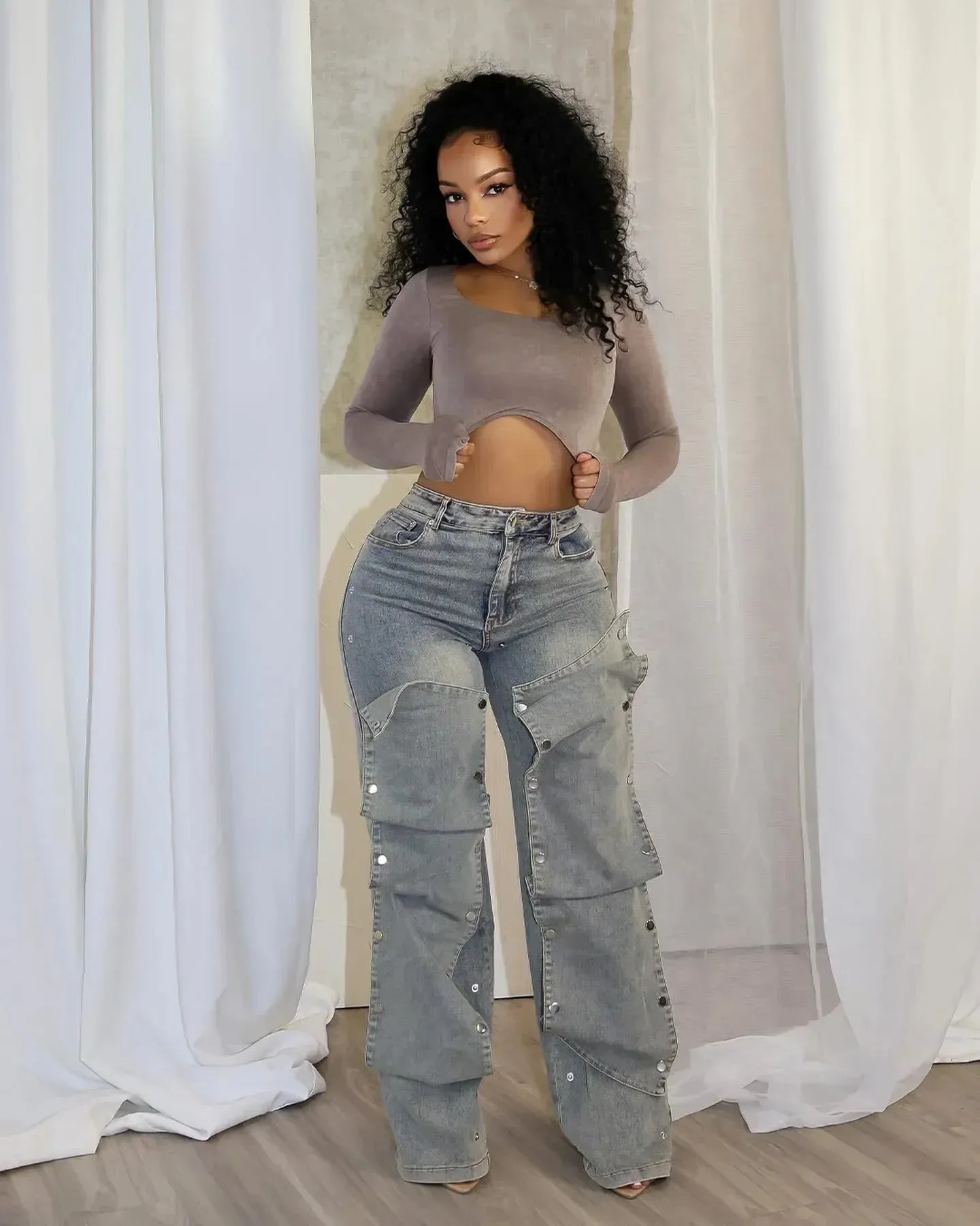 CM.YAYA Women Streetwear Button Cutout Cargo Straight Denim Wide Leg Jeans