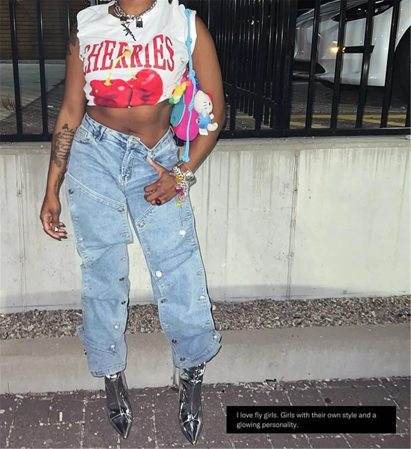 CM.YAYA Women Streetwear Button Cutout Cargo Straight Denim Wide Leg Jeans