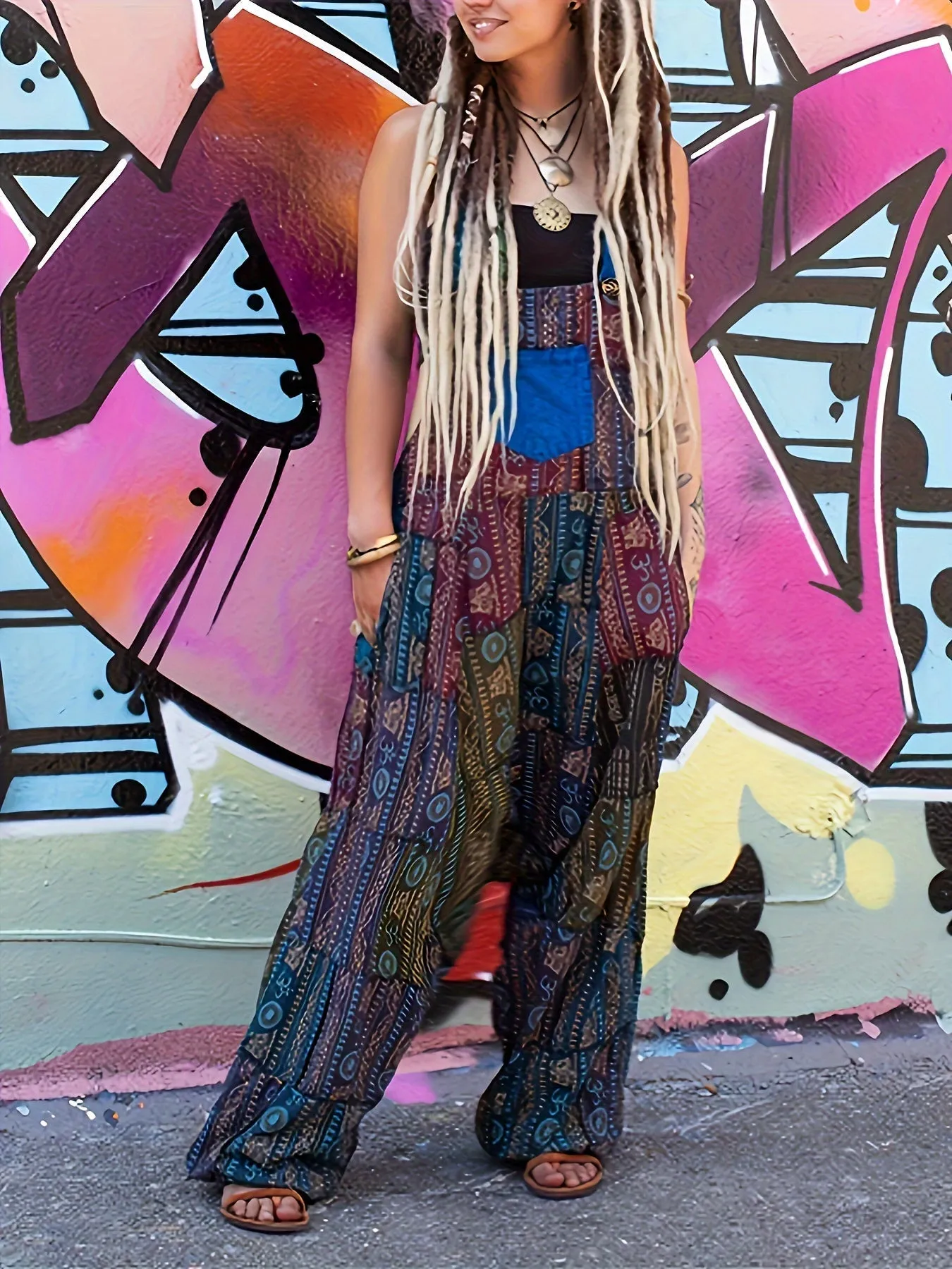Colorful boho patchwork dungarees with wide legs