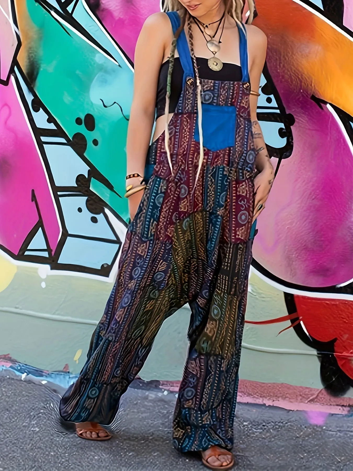 Colorful boho patchwork dungarees with wide legs